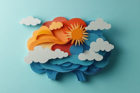 Layered paper cut of a brain with alternating sun and storm symbols, representing the highs and lows of bipolar disorder.