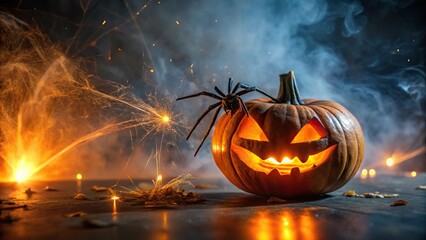 Fototapeta premium Halloween spider pumpkin on foggy dark background with pumpkins and fire sparks
