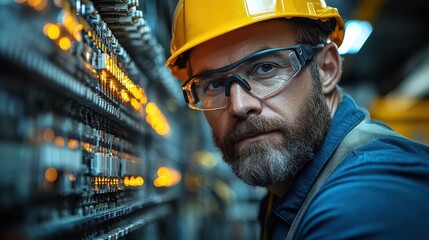 skilled male electrician navigates complex circuitry safety gear ensures protection focused expertise on display empowering portrait of trades professional at work