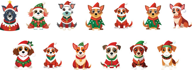 Merry christmas and happy new year concept background vector. Collection drawing of cute dogs with decorative scarf, ribbon, hat. Design suitable for banner, invitation, card, greeting, banner, cover.