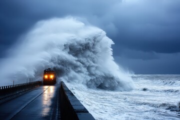 Train facing huge waves at the coast.