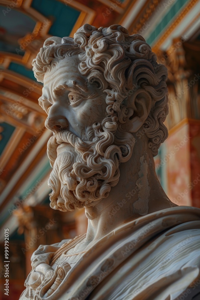 Poster a realistic depiction of a bearded male figure in a statue form, suitable for use in various context