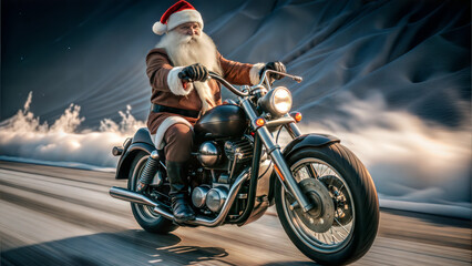 Fototapeta premium Santa Claus Riding a Motorcycle Through Winter Landscape, Christmas Adventure Concept