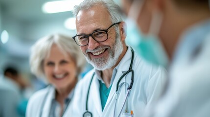 A smiling elderly male doctor in a white coat with stethoscope is interacting with colleagues in a bright hospital setting, symbolizing teamwork and healthcare expertise.