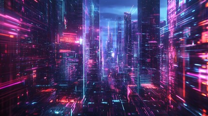 Obraz premium Smart city 3D neon glowing cityscape. Intelligent building automation night futuristic business concept. Web online vivid color cyberpunk retrowave. Urban technology banner vector illustration. 