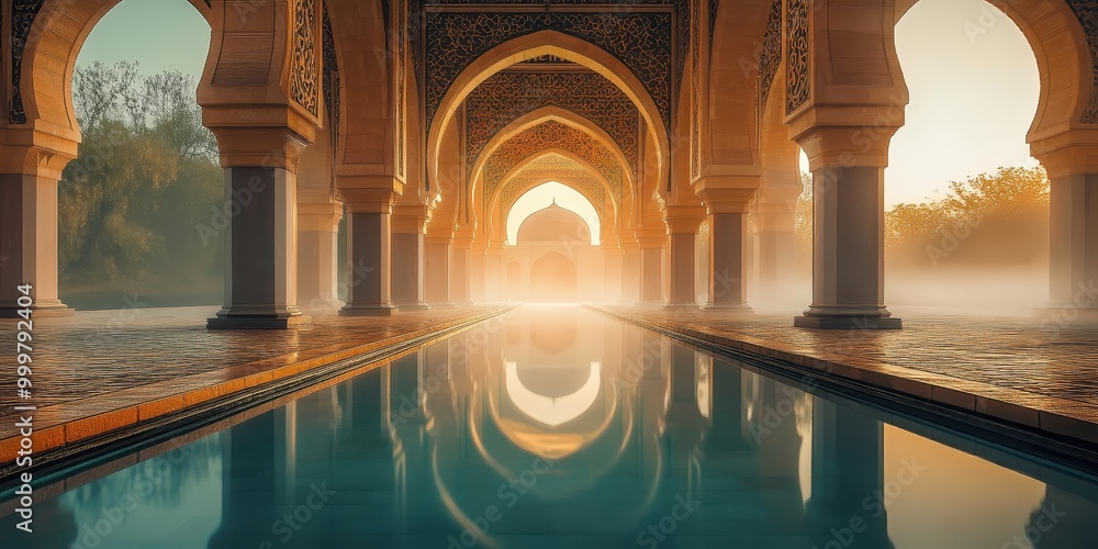 Poster serene architectural reflection in a misty setting with arches and a tranquil pool.