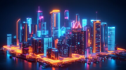 Obraz premium Smart city 3D neon glowing cityscape. Intelligent building automation night futuristic business concept. Web online vivid color cyberpunk retrowave. Urban technology banner vector illustration. 