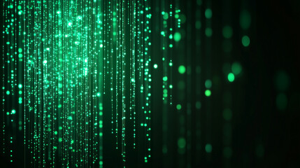 Abstract background with green glowing rays and bokeh dots. Big data concept. Vector for banner. Green tech wallpaper.