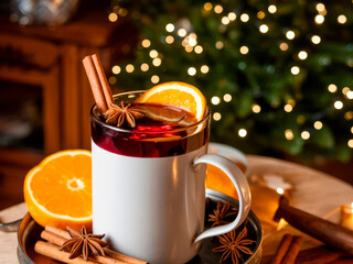 A cup of tasty spicy mulled wine with cinnamon, oranges and anise star. Cozy Christmas eve