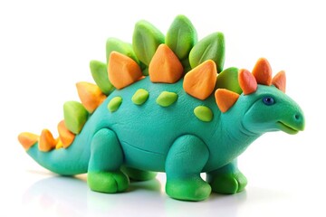 Fototapeta premium Handmade clay stegosaurus dinosaur on white background with depth of field