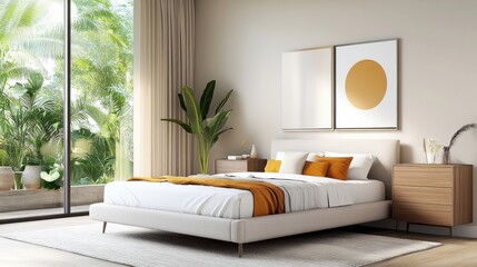 Modern Bedroom Interior with Decorative Elements and Greenery.