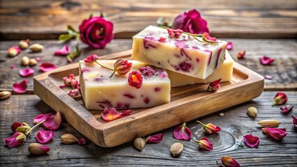 Handmade soaps with dried rose petals on a wooden tray extreme close-up