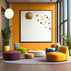 Modern Living Room with Minimalist White Wall Art and Vibrant Furniture.