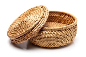 handmade woven basket with open lid on white background