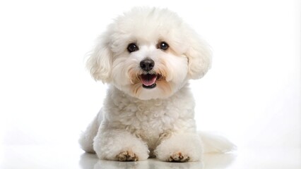 Obraz premium Happy Bichon Frise dog looking around on white background