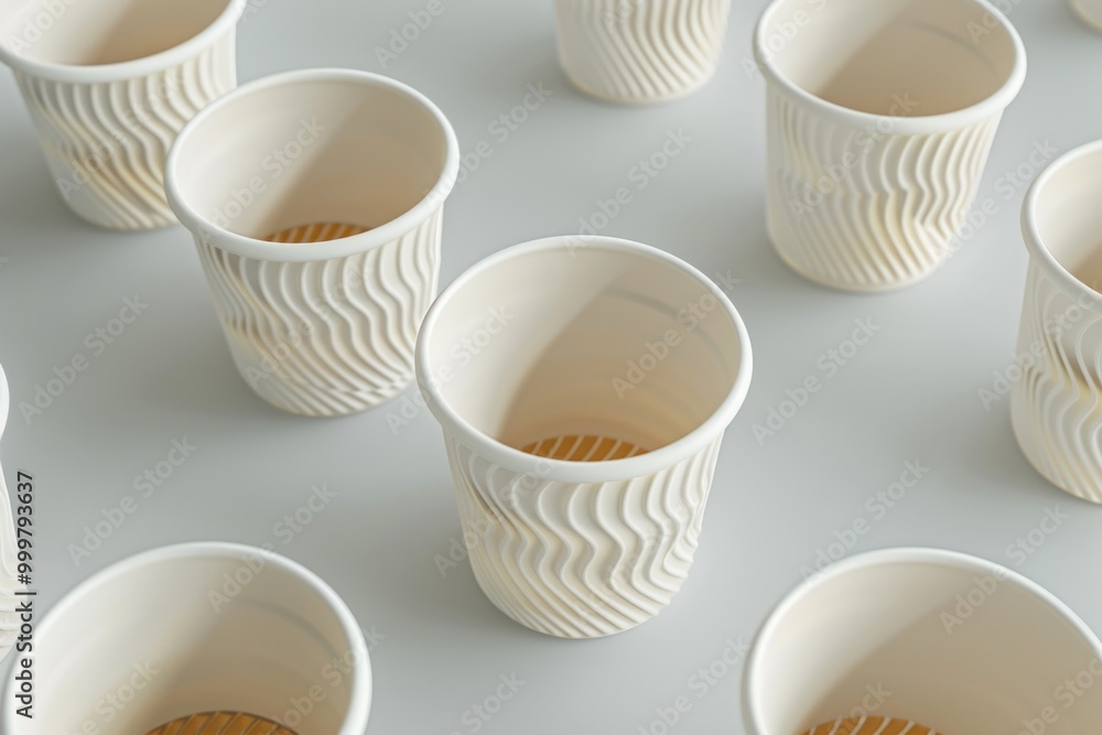 Poster a collection of cups stacked on a table, perfect for use in still life photography or as a backgroun