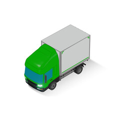 3D Isometric Cargo Truck Half Tone Vector Illustration Modern Green Cabine and White Van City Delivery Vehicle 4x2 Design for Logistics and Transport Presentation Social Media Video Promo Front Left