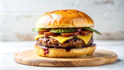 Hawaiian burger with grilled pineapple and teriyaki sauce on white background