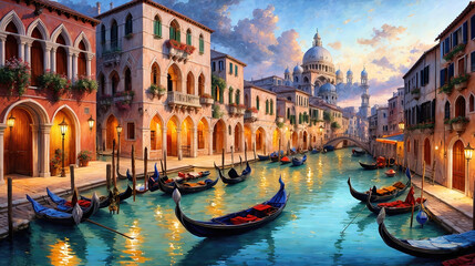 Obraz premium Venice canals with gondolas atmospheric landscape, oil painting style illustration
