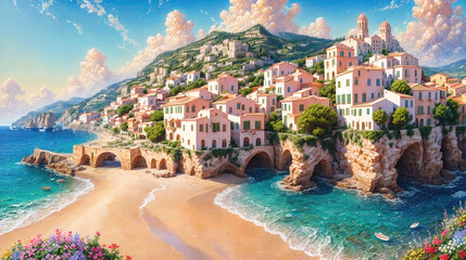 Fototapeta premium Oil painting of a small town on the Mediterranean Sea, mountains in the background, beautiful summer weather.