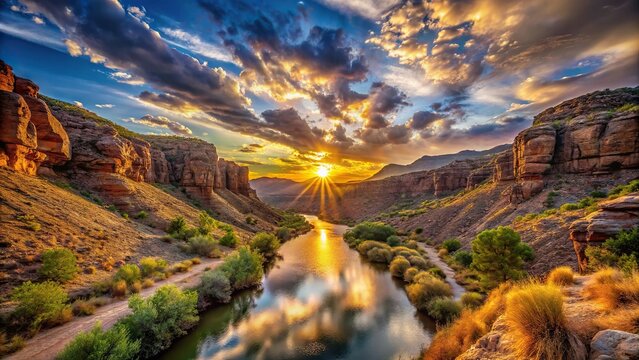 HDRI sunset skybox over desert canyon land
