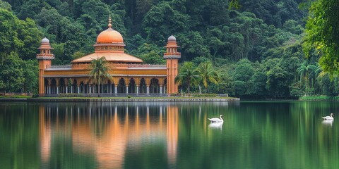 Fototapeta na wymiar Serene lakeside view featuring an ornate building and swans amidst lush greenery.