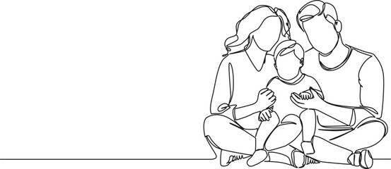 continuous single line drawing of parents with toddler sitting on floor, line art vector illustration