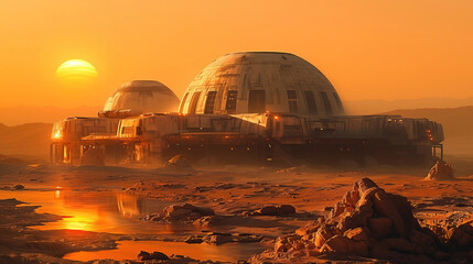 Modern Scientific Station on Red Desert of Mars, futuristic science laboratory on the surface of planet Mars landscape