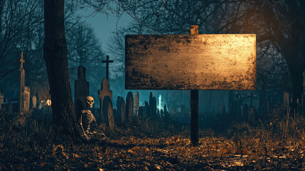 Old wooden board at graveyard on Halloween night, scary cemetery with spooky path, graves and moon. Concept of horror, sign, party, mockup, background