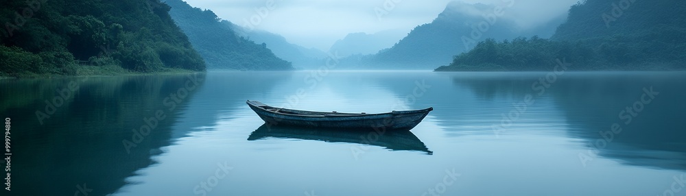 Wall mural A small wooden boat sits alone on a tranquil lake with misty mountains in the background.