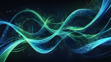 Fototapeta premium Abstract blue and green wave pattern with glowing lights on a dark background.