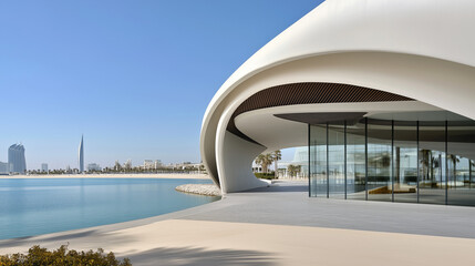 Futuristic architecture by the sea. High-res image with blue sky, clouds, and large arches. Modern style.