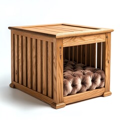 Fototapeta na wymiar Stylish wooden pet crate with a soft cushion, perfect for pets and home decor.