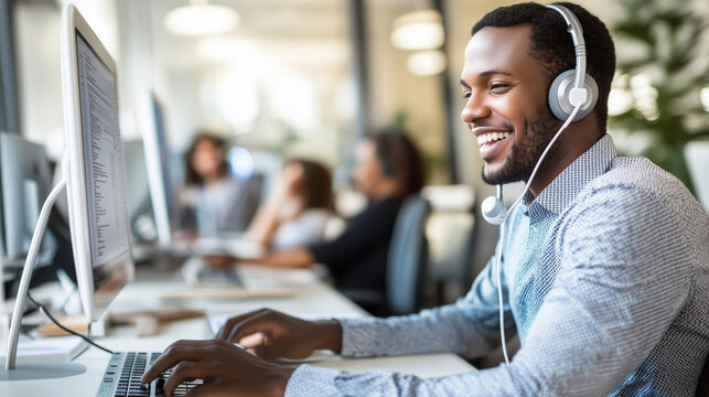 Smiling customer rep in office wears earphones, talks to customers. Shows positive work culture.