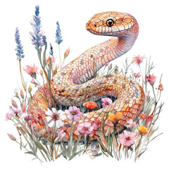Playful Snake with Golden Scales Slithering through Field of Wildflowers in Pastel Pink and Orange Colors