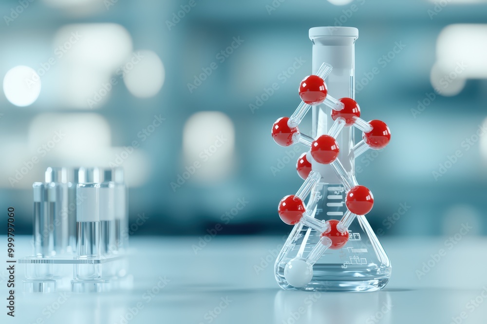 Poster chemical flask with molecular structure model on blurred laboratory background.