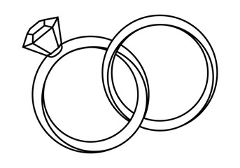 Hand drawn cute outline illustration of wedding rings. Flat vector engagement ring with gemstone sticker in line art doodle. Propose and marriage. Valentine's Day and love concept icon. Isolated.
