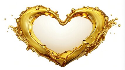 Heart shaped pool of golden liquid with air bubbles on white background eye level