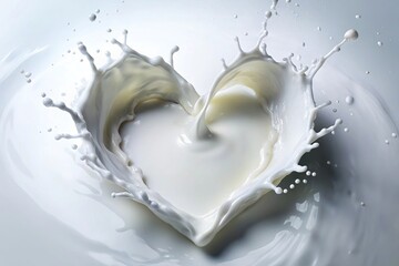 Heart shaped splash pattern of milk and water on white background