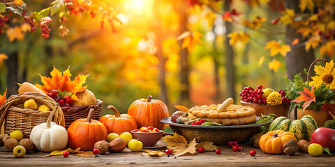Autumn still life with pumpkins, apples, berries, nuts and cookies. Thanksgiving background.