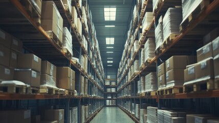 Fototapeta premium Large Industrial Warehouse Interior with High Racks of Cardboard Boxes