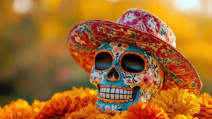 Naklejka premium Decorated Sugar Skull with Red Hat for Dia de los Muertos Celebration. Concept of Mexican tradition, remembrance, and honoring the dead.