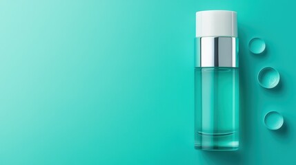 Cosmetic bottle with drops, teal background.