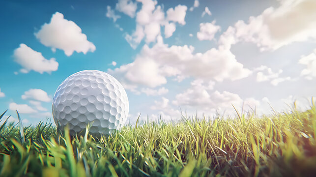 white golf ball sits on green grassy field with blue sky and white clouds in background.