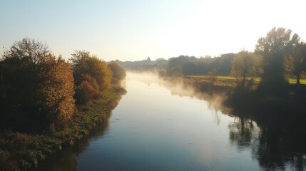 Serene Autumn Evening by the River with Rising Mist