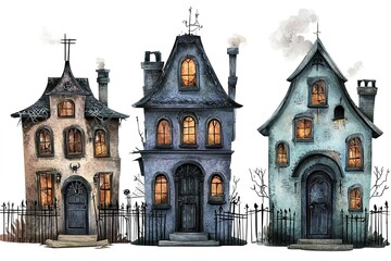 Watercolor black victorian house with pimkins halloween decor. Dark illustration on a white background
