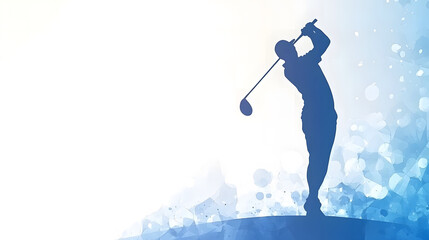 silhouette of golfer swinging club on blue background.