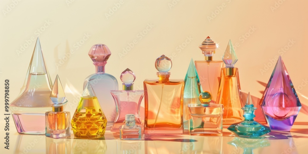 Poster collection of differently colored perfume bottles arranged on a table