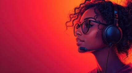 stylized illustration of friendly customer service representative with curly hair and headset warm colors approachable demeanor modern graphic style