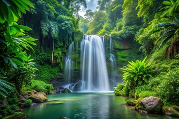 Hidden waterfall in tropical jungle surrounded by lush foliage